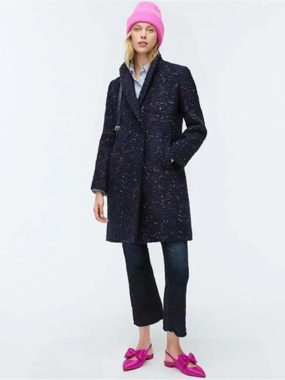 J. Crew NALYA Daphne Wool Blend Tweed Long Coat in Speckled Navy